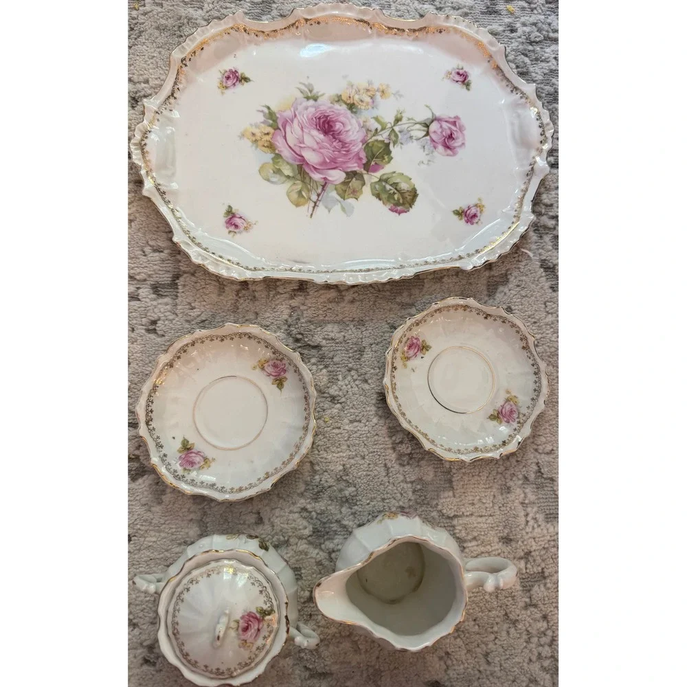 Vintage Porcelain Rose Tea Set Gold Gilded Tray Sugar Bowl Creamer 6 Piece